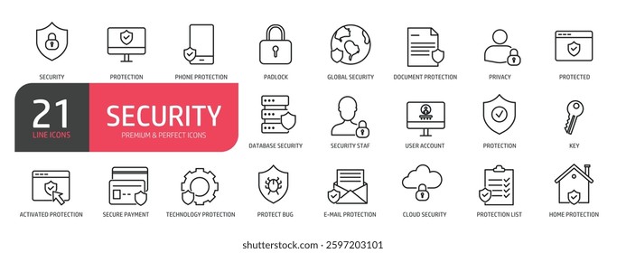 Set of line icons related to secure, protection, privacy, lock, key. Outline icons collection. Vector illustration.