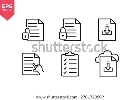 Set of line icons related to secure file, lock document, download document, select document, checklist, cloud download. Editable stroke. Vector illustration
