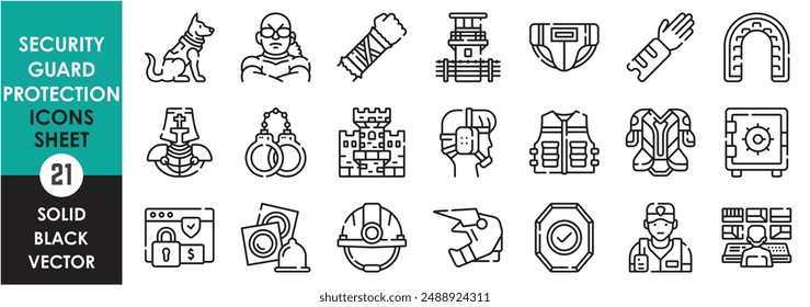 A set of line icons related to security, guard and protection. Dog, bodyguard, vest, police, armed, safe, security, helmet, shield, armor, and so on. Vector outline icons set.