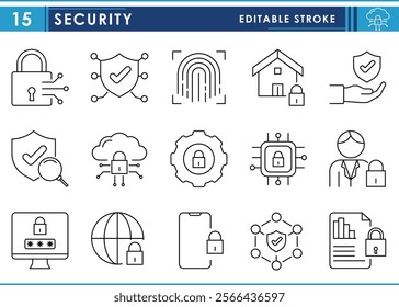 A set of line icons related to Security. Data, home, digital, encrypt, fingerprint, document, cloud data, smartphone, shield, network, and so on. Vector editable stroke.