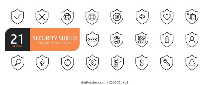 Set of line icons related to security shield, security, password, smart home, safety, data protection, key, shield, and more. Outline icons collection. Vector illustration.