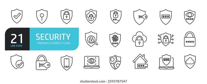 Set of line icons related to security, protection defense. Outline icons collection. Vector illustration