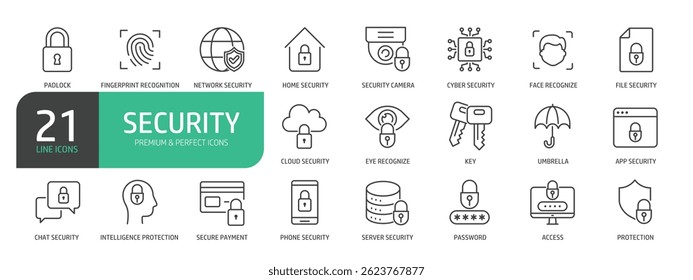 Set of Line Icons Related to Security, Protection, Password,  Access, Lock, Key, Umbrella.