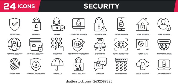 Set of line icons related security, protection, guard, safe. Perfect pixel on transparent background