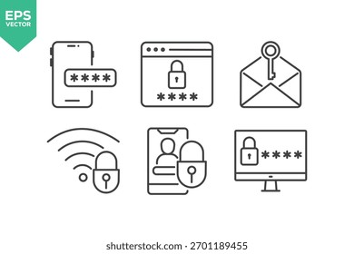 Set of Line Icons Related to Security, Protection, Password, Access, Lock, Key, Padlock, Computer Network, Cybersecurity, Remote Work, Thief, and more.