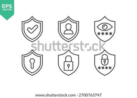 Set of Line Icons Related to Security, Protection, Password, Access, Lock, Key, Padlock, Computer Network, Cybersecurity, Remote Work, Thief, and more.