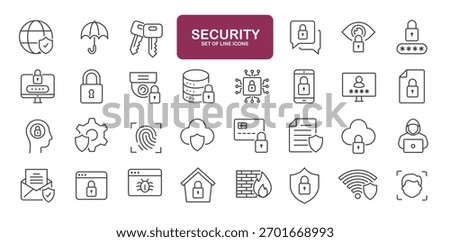 Set of line icons related to security, protection, access, lock, key. Outline icons collection
