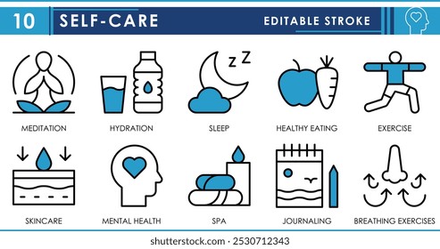 Conjunto de iconos de línea relacionados con el cuidado personal. Meditación, hidratación, sueño, alimentación saludable, ejercicio, cuidado de la piel, salud mental, etc. Vector de trazo editable.