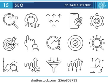 A set of line icons related to SEO. Search engine optimization, Lens, target, business, graph, research, analysis, and so on. Vector editable stroke.