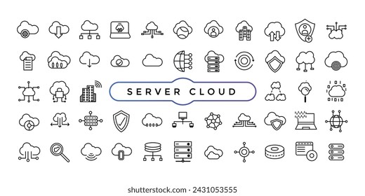 Conjunto de iconos de línea relacionados con el servidor y la computación en la nube, la ciberseguridad, la transformación digital. Conjunto de iconos web de línea fina.