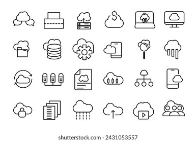 Conjunto de iconos de línea relacionados con el servidor y la computación en la nube, la ciberseguridad, la transformación digital. Conjunto de iconos web de línea fina.