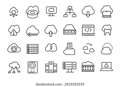 Conjunto de iconos de línea relacionados con el servidor y la computación en la nube, la ciberseguridad, la transformación digital. Conjunto de iconos web de línea fina.