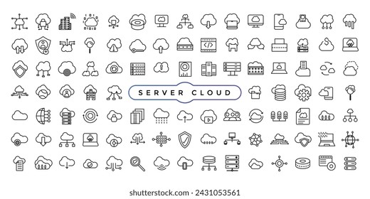 Conjunto de iconos de línea relacionados con el servidor y la computación en la nube, la ciberseguridad, la transformación digital. Conjunto de iconos web de línea fina.
