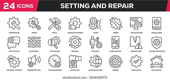 Set of line icons related setting, repair, maintenance, cogwheel. Perfect pixel on transparent background
