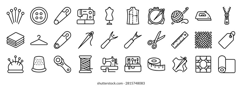 Set of line icons related to sewing, tailoring, and textiles including sewing machine, needle, thread, scissors, fabric, iron, and measuring tape on transparent background