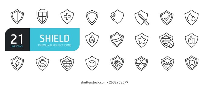 Set of line icons related to shield, defense, protection. Outline icons collection. Vector illustration stock illustration