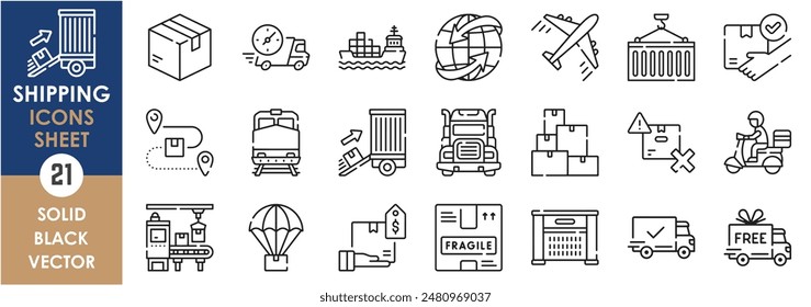 Eine Reihe von Liniensymbolen für den Versand. Lieferung, Waren, Sendungen, Paket, Risiko, LKW, Zug, Container, frei, bezahlt, Fracht, Fabrik, und so weiter. Vektorgrafik-Gliederungssymbole festgelegt.