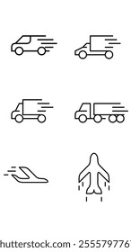 A set of line icons related to Shipping. Deliver, goods, shipments, package, risk, truck, train, container, free, paid, cargo, factory, and so on. Vector outline icons set.