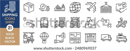 A set of line icons related to Shipping. Deliver, goods, shipments, package, risk, truck, train, container, free, paid, cargo, factory, and so on. Vector outline icons set.