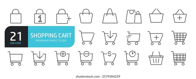 Set of line icons related to shopping cart, basket. Outline icons collection. Vector illustration.