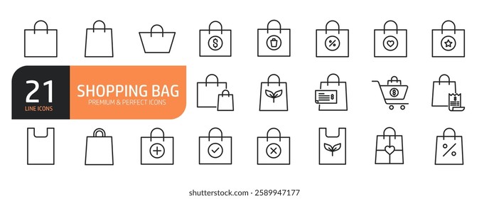 Set of line icons related to shopping bag, grocery plastic, shopping packaging and more. Outline icons collection.Vector illustration.