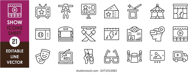 A set of line icons related to show, television. Entertainment, show, tv, reality, concert, virtual reality, magic, dance and so on. Vector outline icons set.