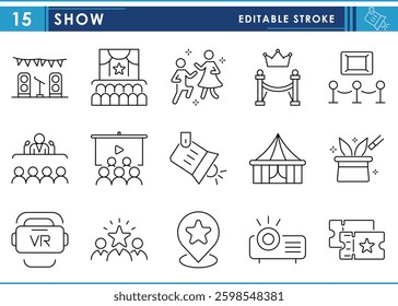 A set of line icons related to Show. Circus, concert, show, VIP, speech, dance, and so on. Vector editable stroke.