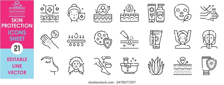 A set of line icons related to skin care and protection. Skin, care, protection, natural, beauty, wax, clean, uv, skin layer, skin diseases and so on. Vector outline icons set.