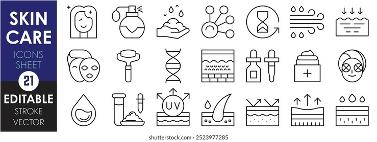 Um conjunto de ícones de linha relacionados ao Skin Care. Pele, cuidado, bolha, limpo, creme, facial, soro, protetor solar, camada de pele, e assim por diante. Traçado editável de vetor.