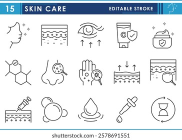 A set of line icons related to Skin Care. Skin, care, lotion, clean, makeup, skin layer, cream, treatment, and so on. Vector editable stroke.