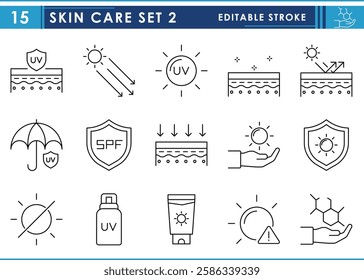 A set of line icons related to Skin Care. UV rays, filter, sunscreen, glowing skin, umbrella, sun, rays, warn, and so on. Vector editable stroke.