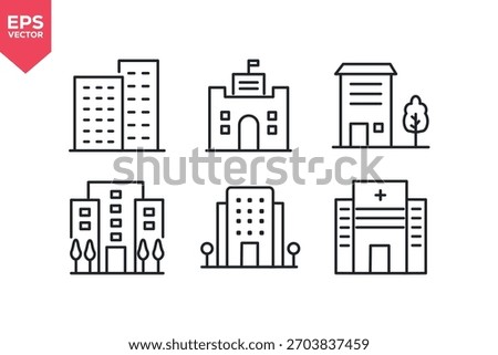 Set of line icons related to  skyscraper, government building, hospital, apartment complex. Editable stroke. Vector illustration
