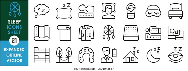 A set of line icons related to Sleep. Sleep, exhaust, dizzy, eyes, tired, sleepy, bed, bunk bed, relax, and so on. Vector outline icons set.