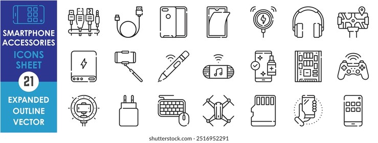 Eine Reihe von Liniensymbolen, die sich auf Smartphone-Zubehör beziehen. Ladegerät, Kopfhörer, Wireless, Halter, Schutz, Gamecontroller, Lautsprecher, Kabel und so weiter. Symbolsatz für Vektorkonturen.