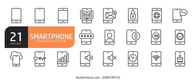Set of line icons related to smartphone and more. Outline icons collection.Vector illustration.