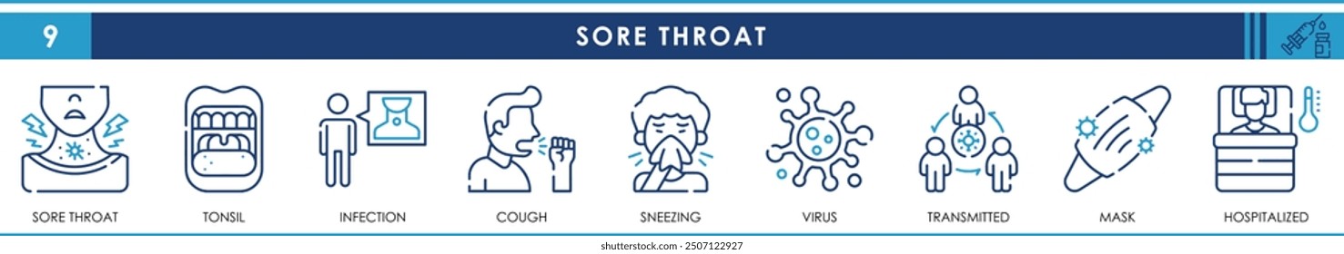 A set of line icons related to Soar Throat. Cold, cough, virus, mask hospitalized, medicine, transmission, tonsil, infection, and so on. Vector outline icons set.