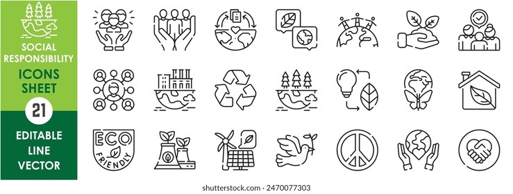 A set of line icons related to social responsibility. Environment, peace, community, tolerance, eco, recycle, sustain and so on. Vector outline icons set.