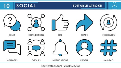 A set of line icons related to Social. Media, chat, connection, like, share, follow, message, groups, and so on. Vector editable stroke.