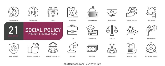 Set of line icons related to social policy, public, government, . Outline icons collection. Vector illustration