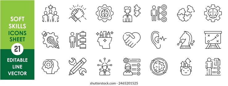 A set of line icons related to soft skills. Communicate, self development, skill development, leadership and so on. Vector outline icons set.