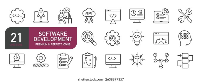Set of line icons related to software development, programming, coding. Outline icons collection. Vector illustration