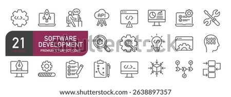 Set of line icons related to software development, programming, coding. Outline icons collection. Vector illustration
