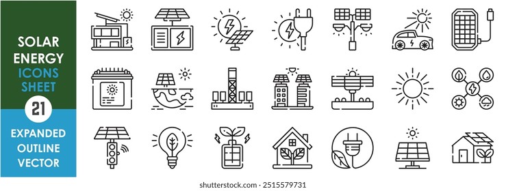 Eine Reihe von Liniensymbolen, die sich auf Solar Energy beziehen. Solar, Elektro, Glühbirne, grüne Energie, Batterie, Ampel, Haus, Ladung und so weiter. Symbolsatz für Vektorkonturen.