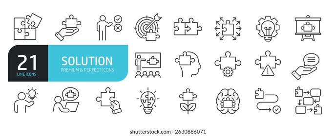 Set of line icons related to solution, jigsaw, puzzle. Outline icons collection. Vector illustration stock illustration