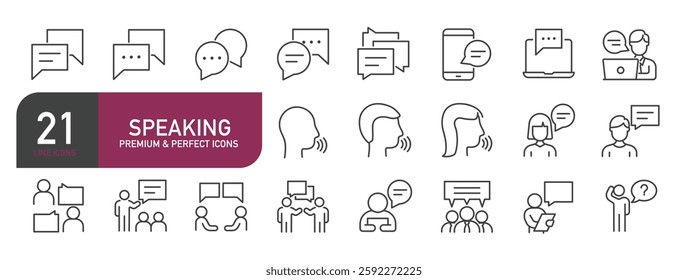 Set of line icons related to speaking, talking, discussion. Outline icons collection. Vector illustration