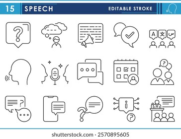 A set of line icons related to Speech. Talk, podcast, meeting, question and answer, scheduled, seminar, languages, speech bubble, and so on. Vector editable stroke.