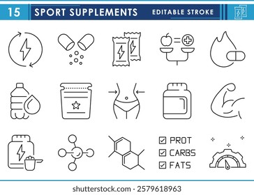 A set of line icons related to Sport supplements. Food, protein, nutrients, muscle, medicine, vitamin, energy bar, water, healthy food, and so on. Vector editable stroke.