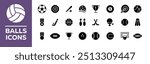 A set of line icons related to sports ball. Ball, pickle, crystal, rugby, cricket, football, yarn, shuttlecock, golf, baseball, beach, tennis, bowl and so on. Vector outline icons set.