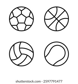 A set of line icons related to sports, football, basketball, volleyball, tennis.  Simple line icon. Isolate on white background.