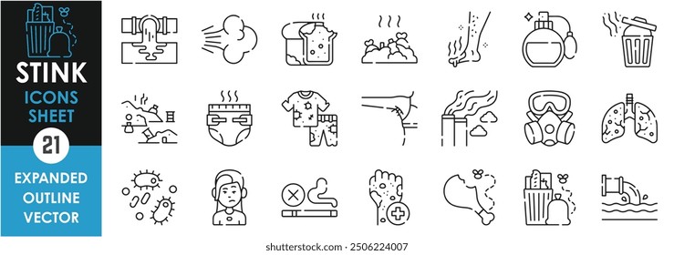 A set of line icons related to Stink. Smell, bad, rotten, fart, sewer, garbage, landfill, clothes, factory, lungs, allergy, bacteria, and so on. Vector outline icons set.